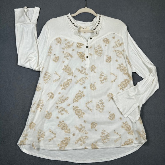 Style & Co Tops - Style & Co Blouse Womens L White Gold Floral Embroidered Henley Bell Sleeve Top